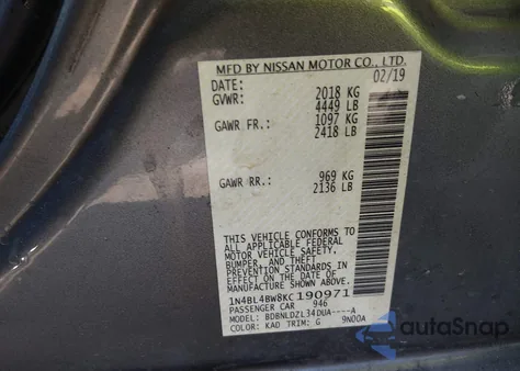 2019 Nissan Altima 2.5 S z USA, uszkodzony, nr VIN 1N4BL4BW8KC190971